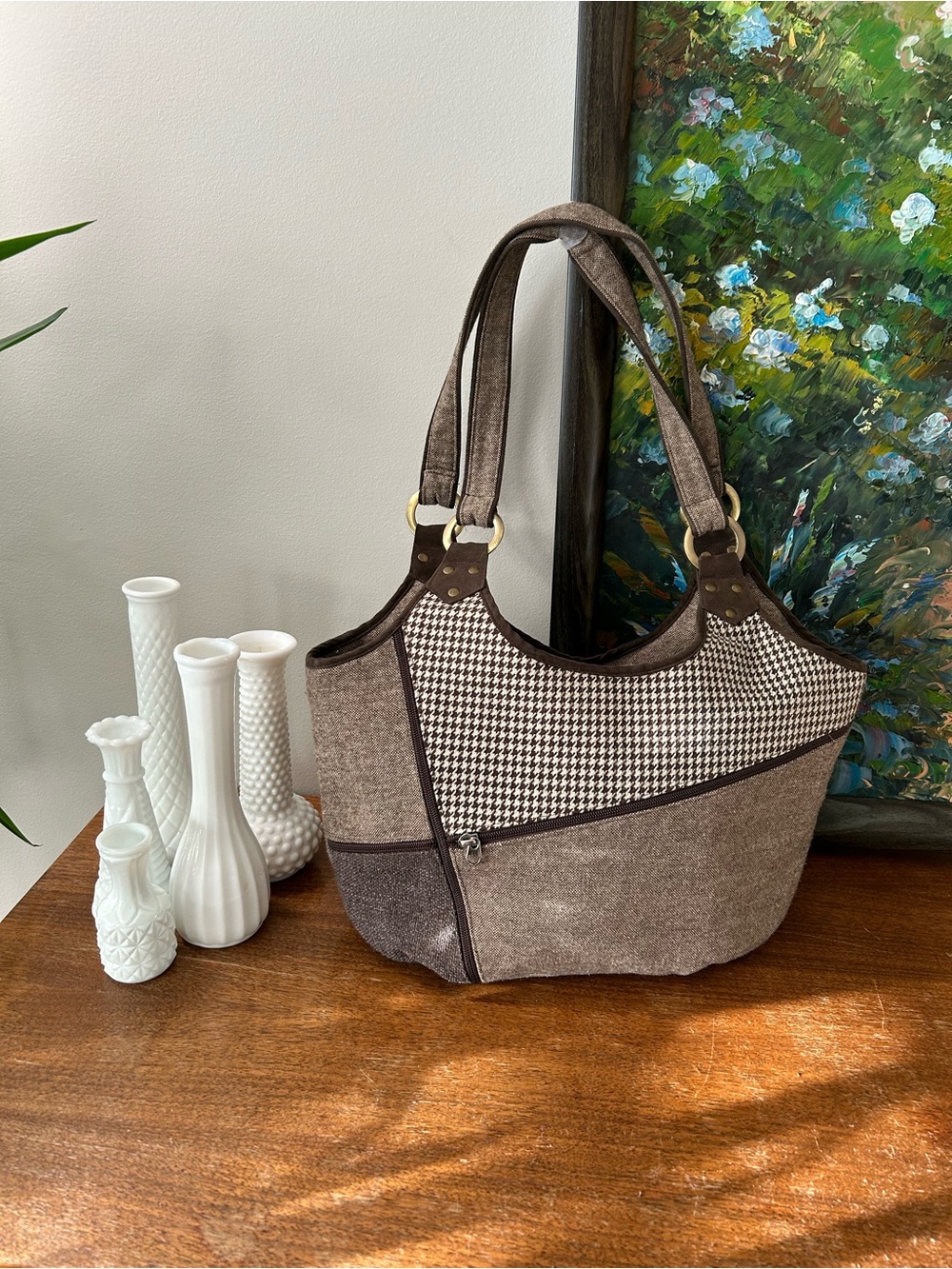 Jak's Canadian Designer Patchwork Shoulder Bag - Houndstooth & Earth Tones